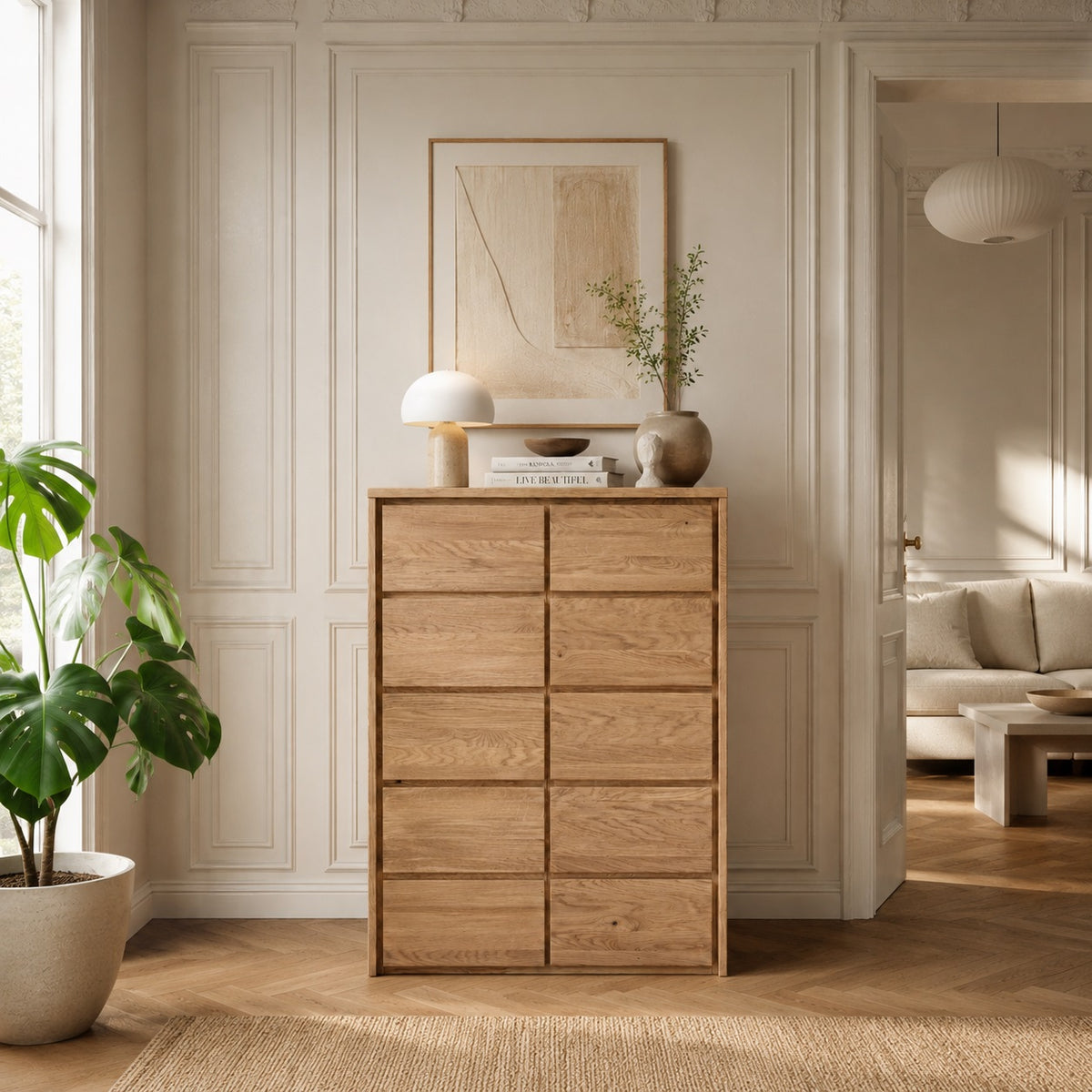 Heimdal meubelmakerscommode/dressoir van massief FSC-eikenhout met 1 deur en 5 laden, met natuurolie – B88 x H113 x D42 cm – wordt gemonteerd geleverd