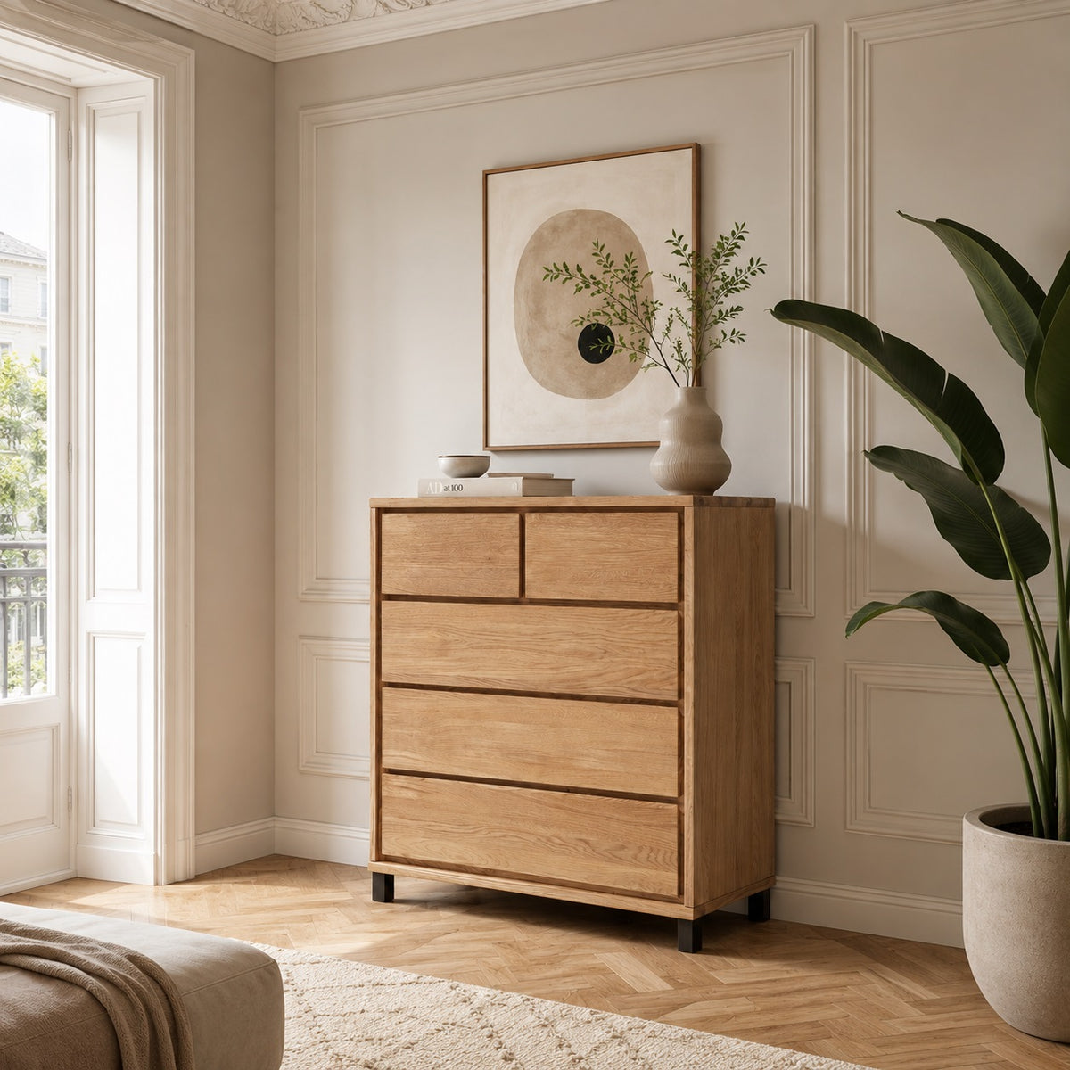 Heimdal meubelmakerscommode/dressoir van massief FSC-eikenhout met 2 kleine en 3 grote laden, met natuurolie, op metalen poten – B88 x H100 x D42 – wordt gemonteerd geleverd