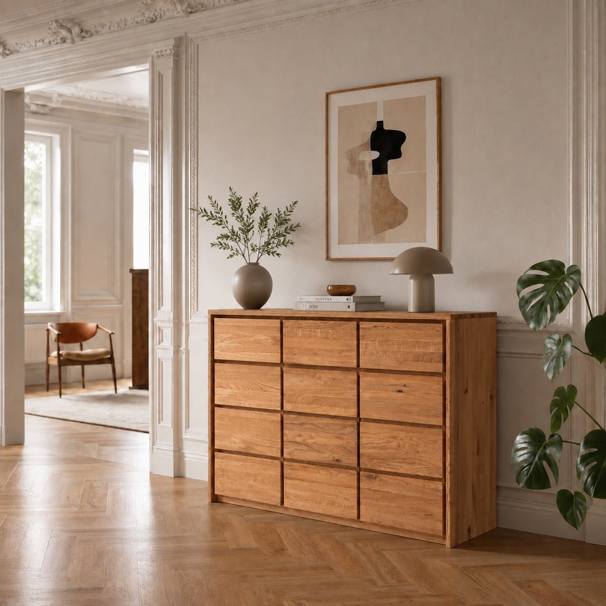Heimdal meubelmakerscommode/dressoir met 3 laden en 3 deuren van massief FSC-eikenhout en natuurolie – H91 x B130 x D48 cm – wordt gemonteerd geleverd