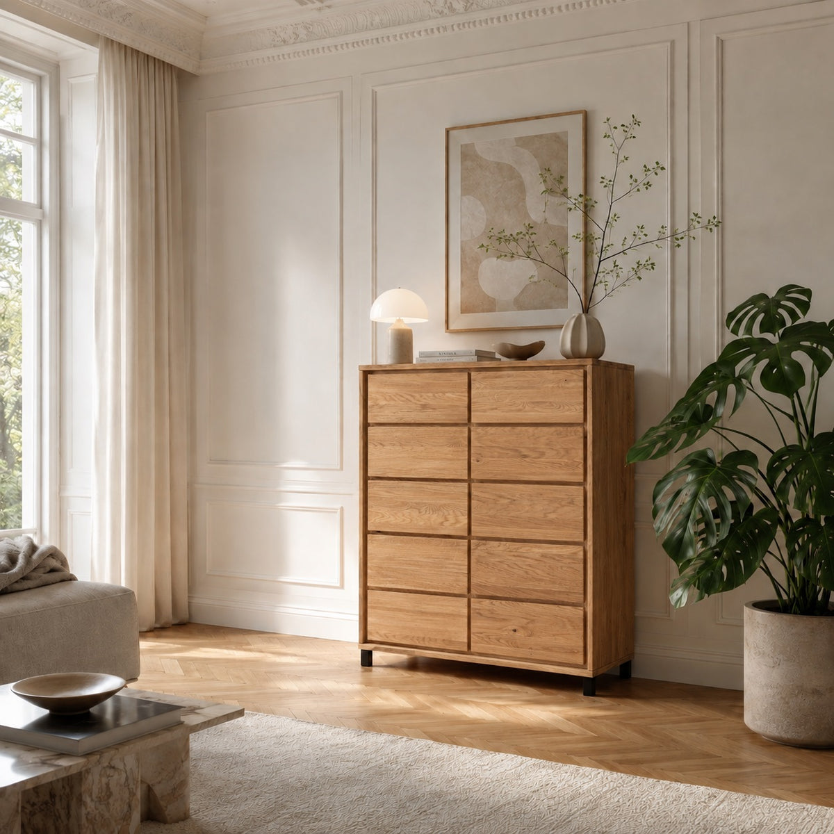 Heimdal meubelmakerscommode/dressoir op metalen poten van massief FSC-eikenhout met 5 laden en 1 deur, met natuurolie – B88 x H122 x D42 cm – wordt gemonteerd geleverd