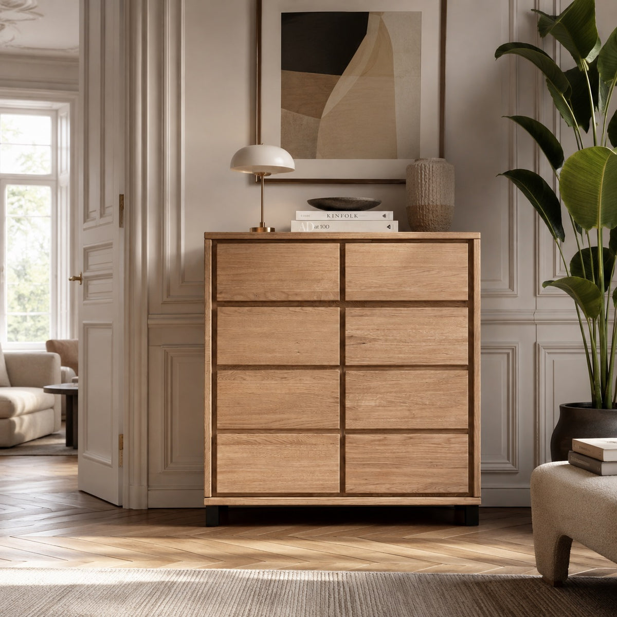 Heimdal meubelmakerscommode/dressoir van massief eikenhout met 2 deuren en 2 laden, met natuurolie, op zwarte metalen poten – H100 x B88 x D42 cm – wordt gemonteerd geleverd