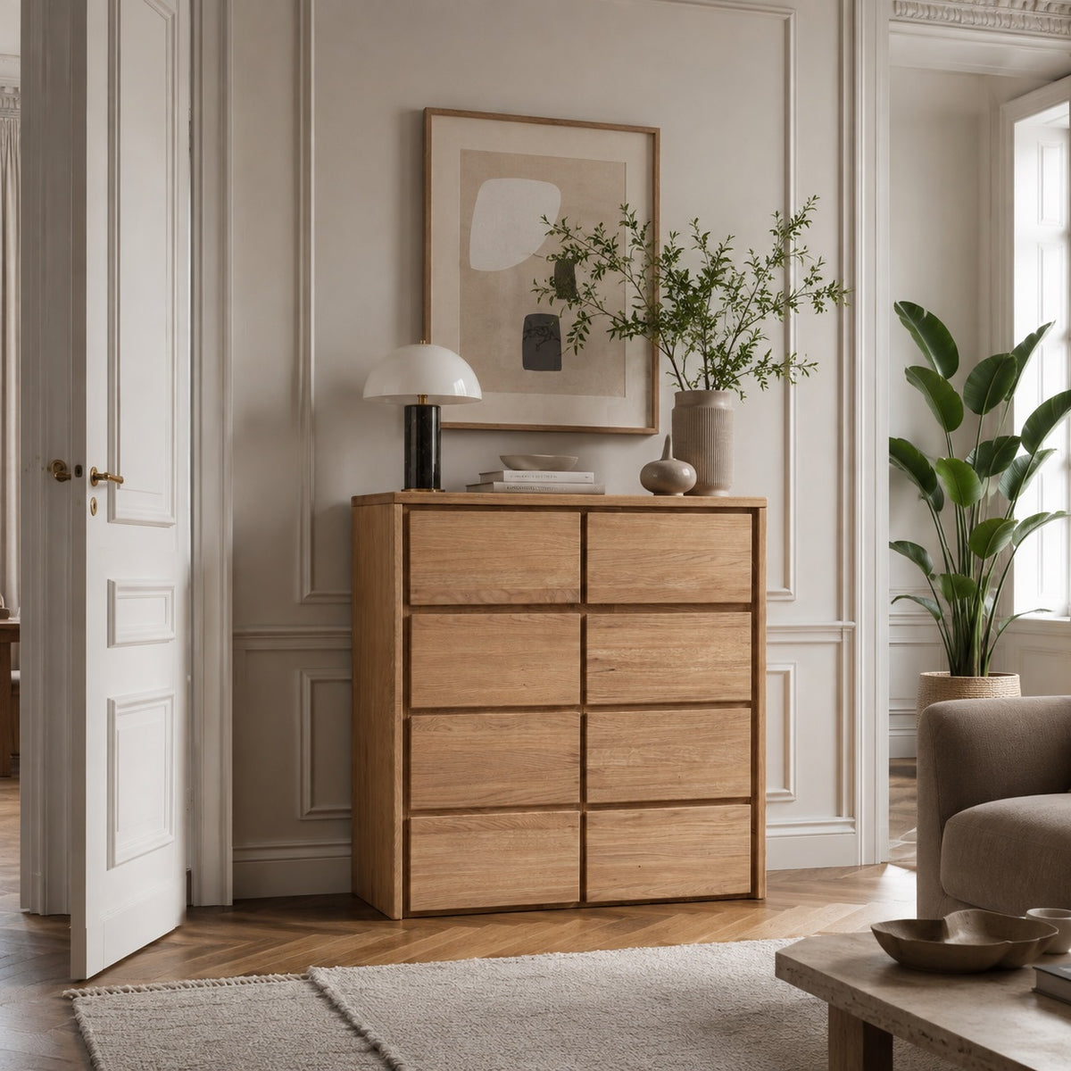 Heimdal meubelmakerscommode/dressoir van massief FSC-eikenhout met 2 deuren en 2 laden, met natuurolie – H91 x B88 x D42 cm – wordt gemonteerd geleverd