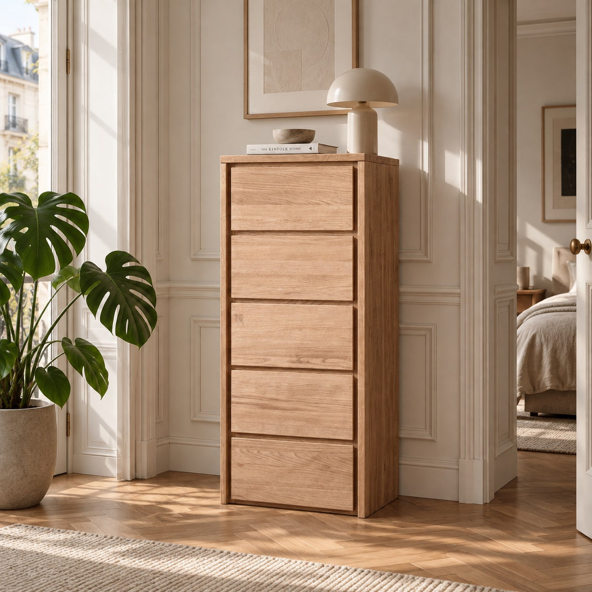 Heimdal meubelmakerscommode van massief eikenhout met 5 laden, met natuurolie – H113 x B47 x D42 cm – wordt gemonteerd geleverd