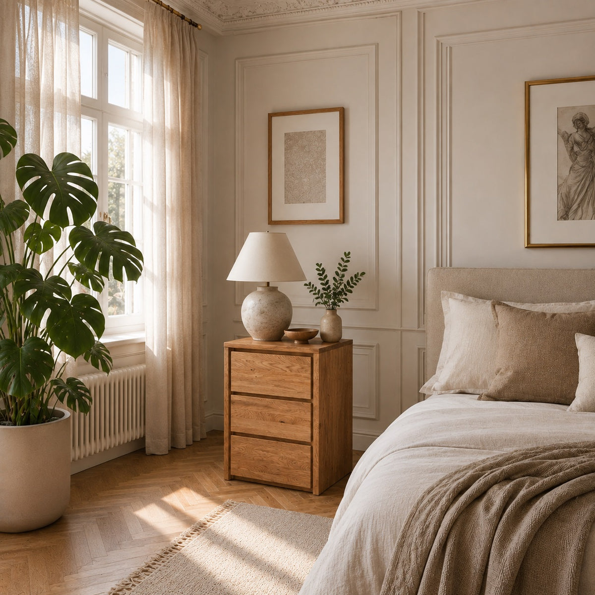 Heimdal meubelmakersnachtkastje/commode van massief eikenhout met 3 laden en natuurolie – H70 x B47 x D42 cm – wordt gemonteerd geleverd