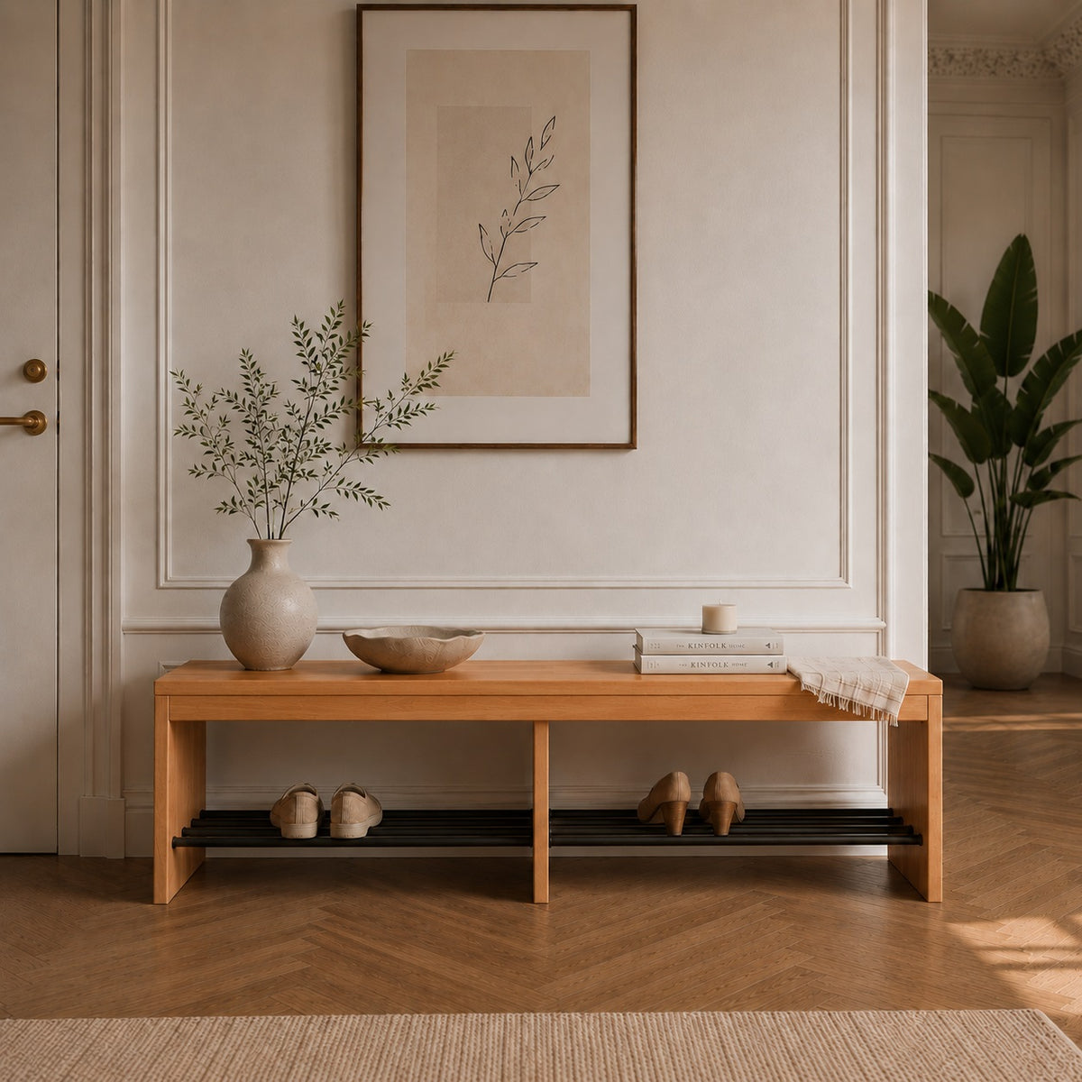 Sif Snedker bank van massief FSC-beukenhout en natuurgeolied hout met schoenenplanken van zwarte metalen buizen - B40 x H45 x L160 cm
